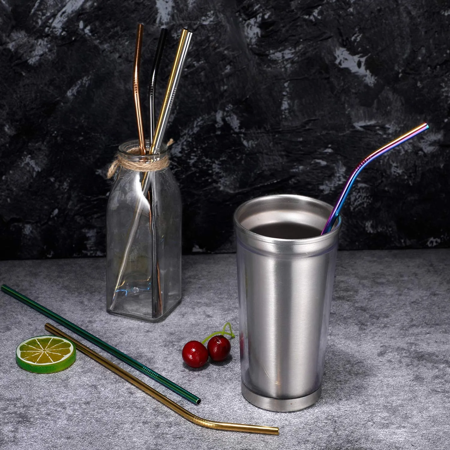 12 Pcs Stainless Steel Straws Set (Multi Color)