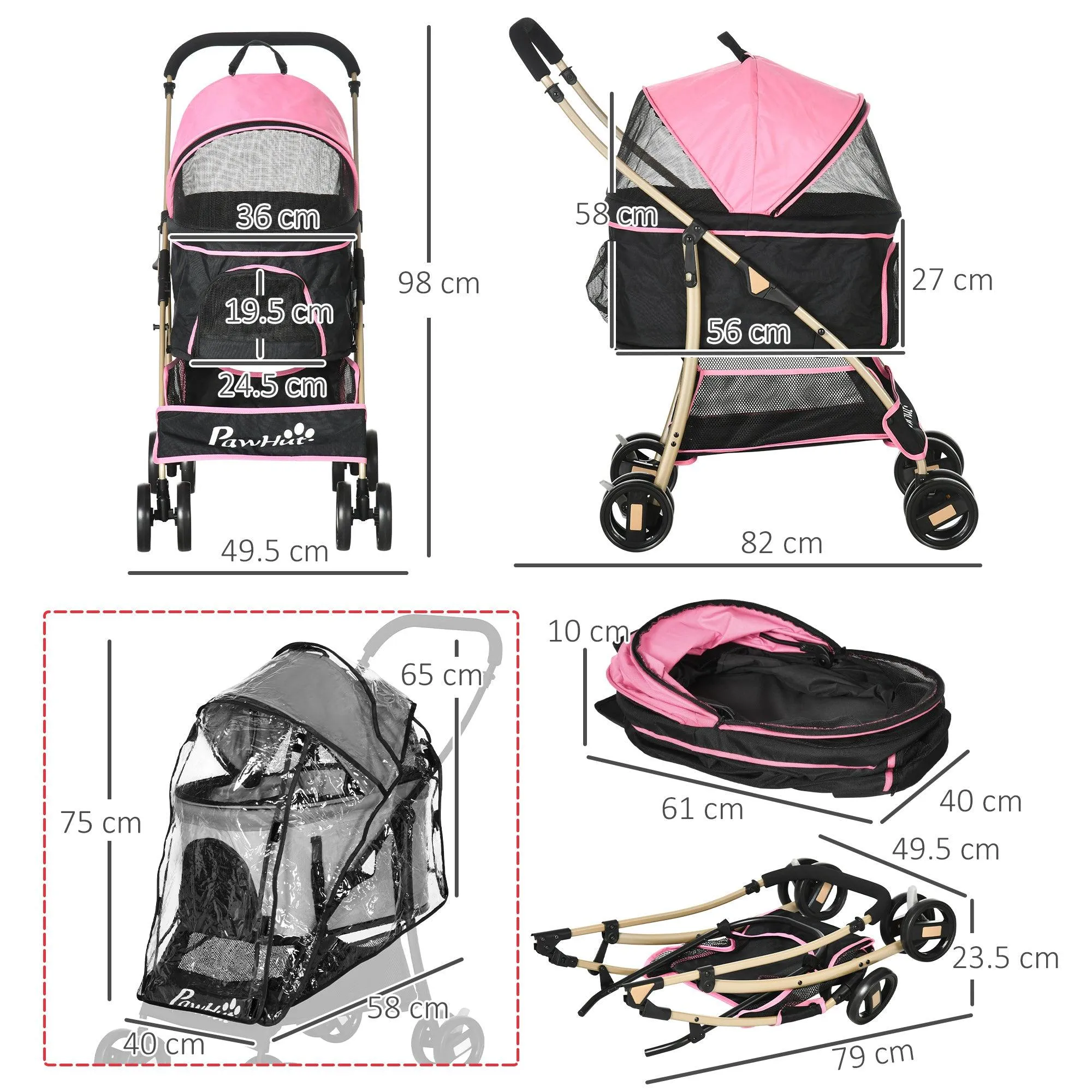 3-in-1 Cat Stroller - Carrier with Universal Wheel & Rain Cover - Pink & Black