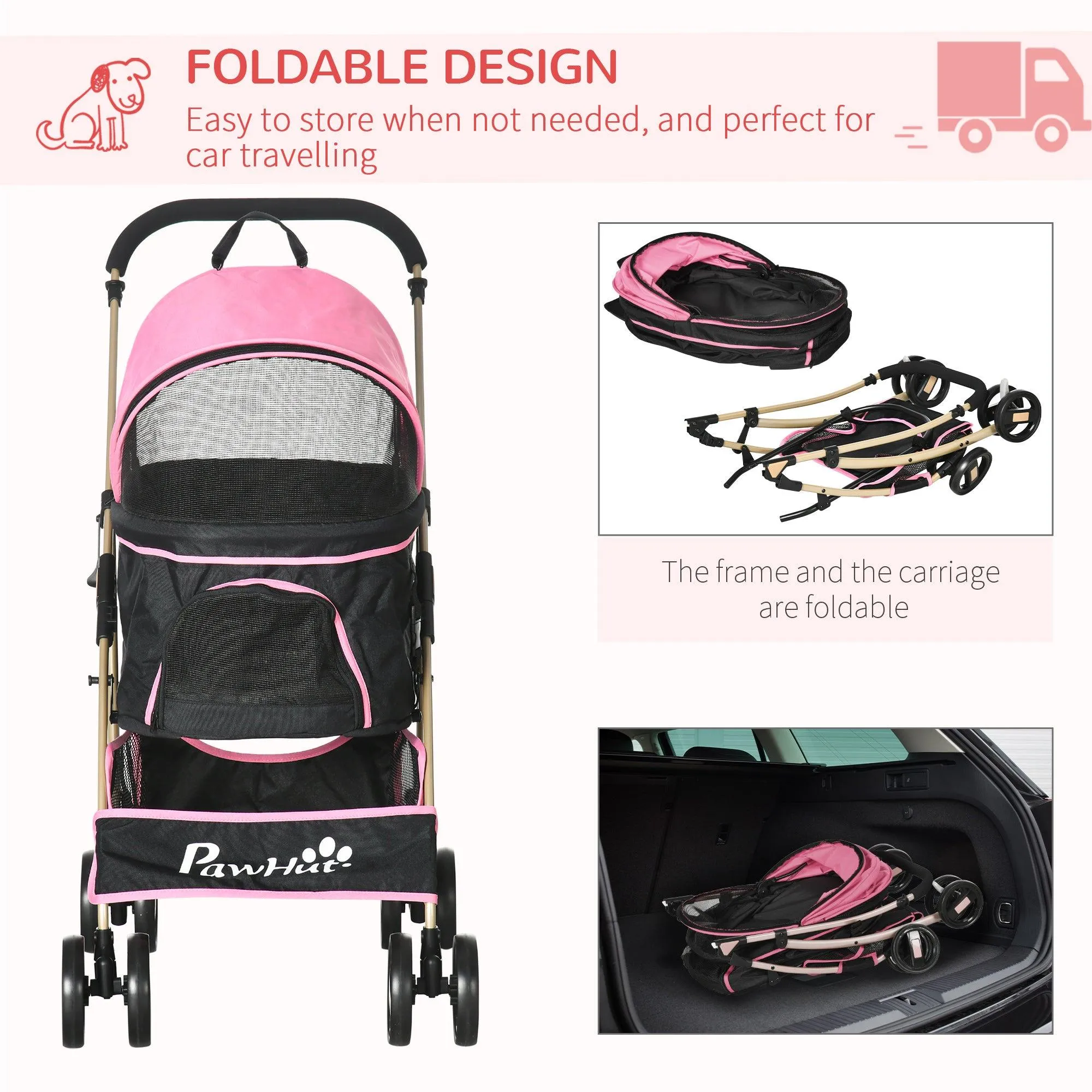 3-in-1 Cat Stroller - Carrier with Universal Wheel & Rain Cover - Pink & Black