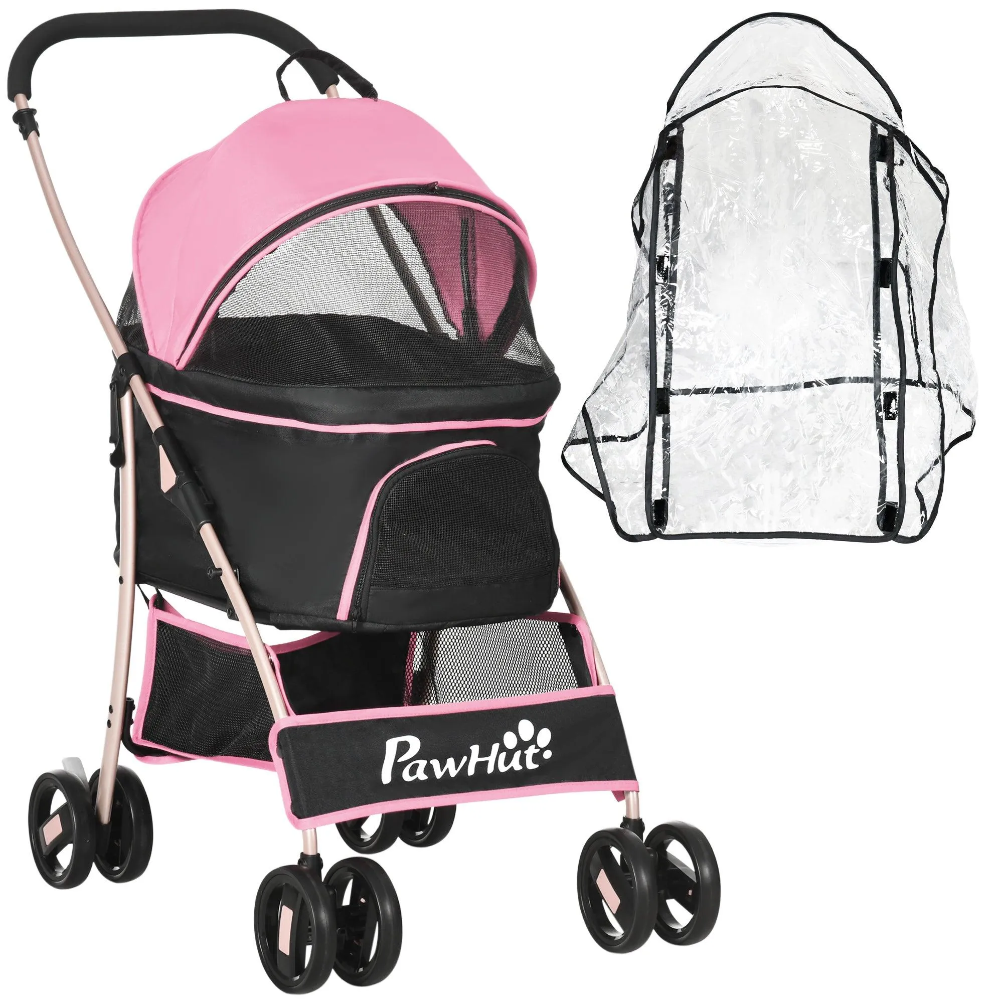 3-in-1 Cat Stroller - Carrier with Universal Wheel & Rain Cover - Pink & Black