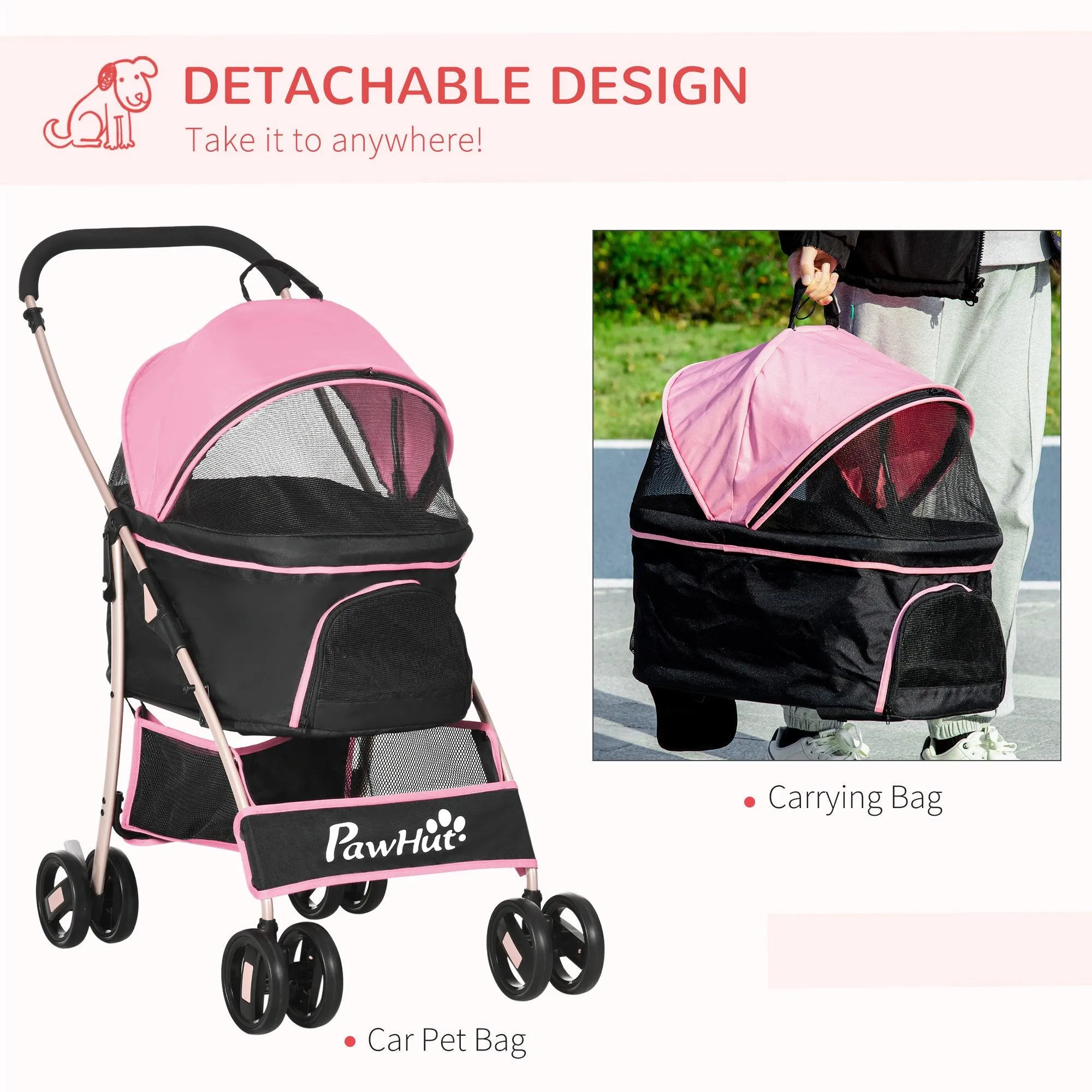 3-in-1 Cat Stroller - Carrier with Universal Wheel & Rain Cover - Pink & Black