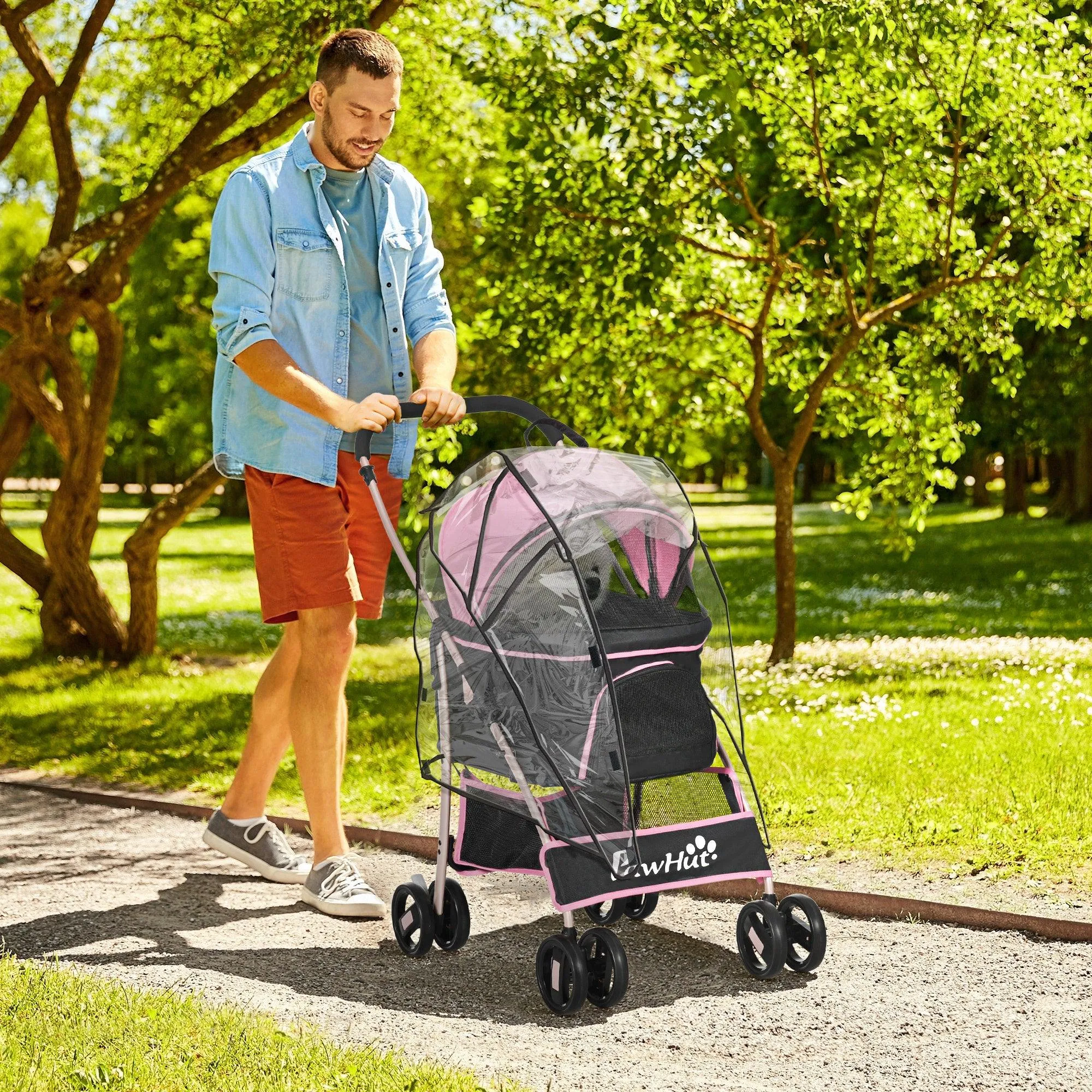 3-in-1 Cat Stroller - Carrier with Universal Wheel & Rain Cover - Pink & Black