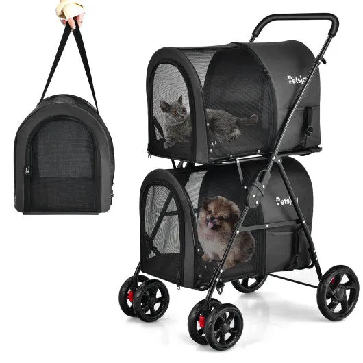 4-in-1 Double Pet Stroller with Detachable Carrier and Travel Carriage-Black