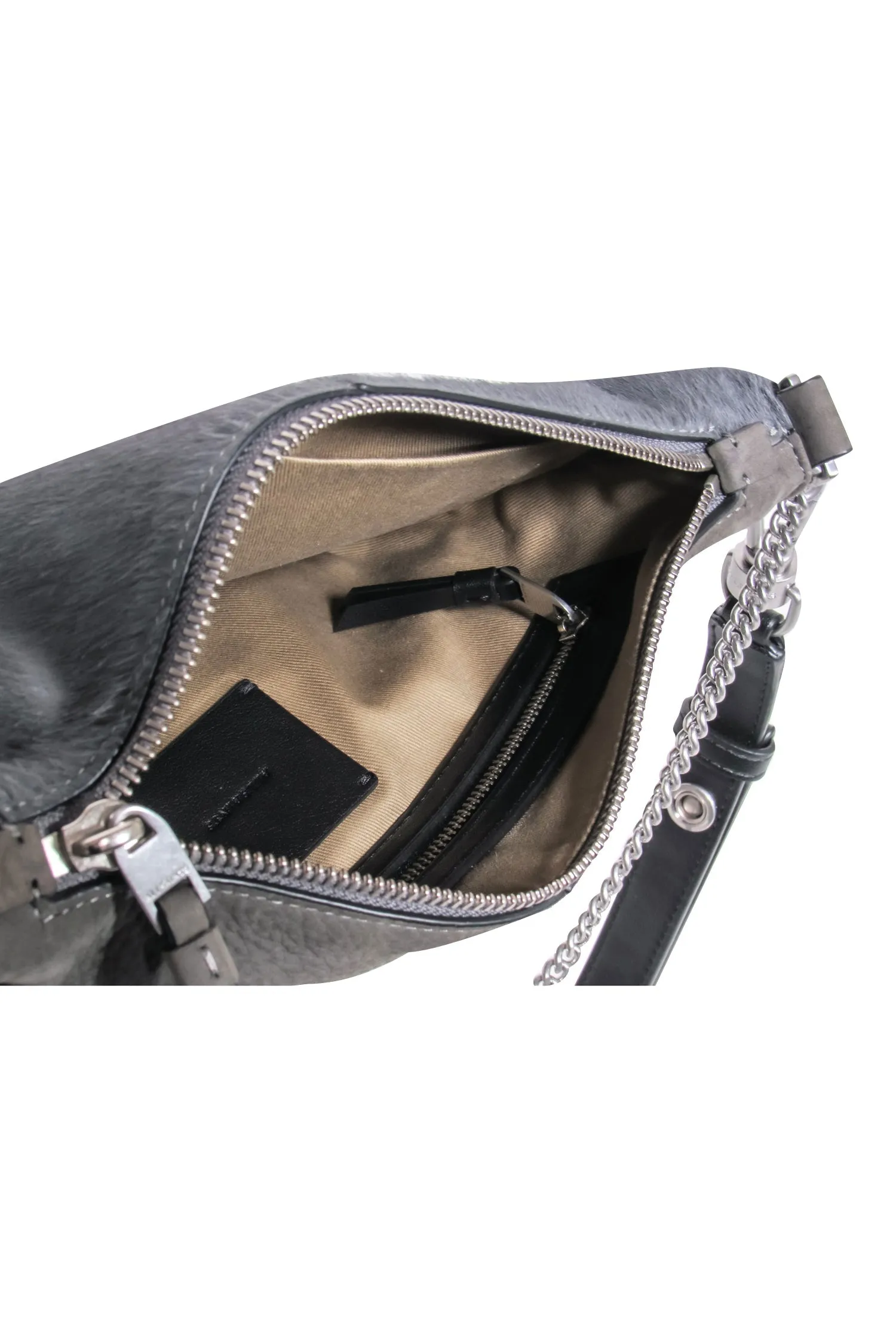 All Saints - Grey Calf Hair Shoulder Bag w/ Silver-Toned Chain & Leather Trim