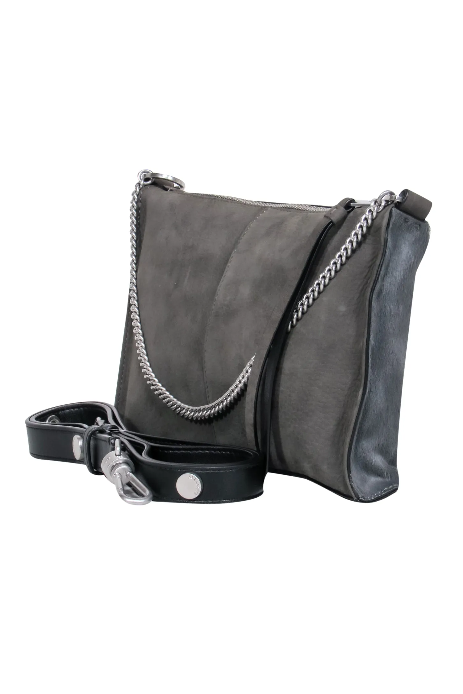 All Saints - Grey Calf Hair Shoulder Bag w/ Silver-Toned Chain & Leather Trim