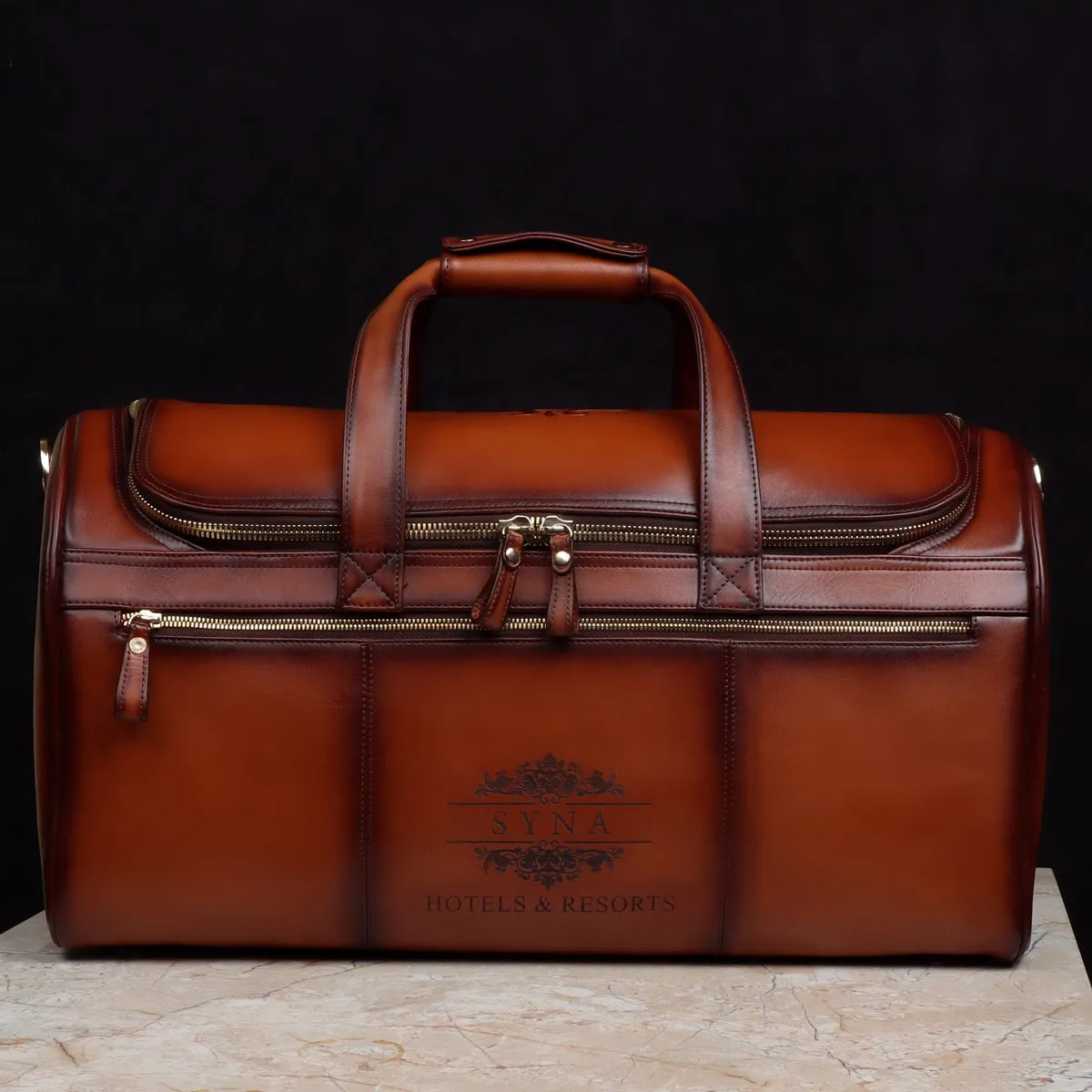 Bespoke Tan Darker Laser Scritto Multi-Pockets Smokey Finish Leather Duffle Bag By Brune & Bareskin