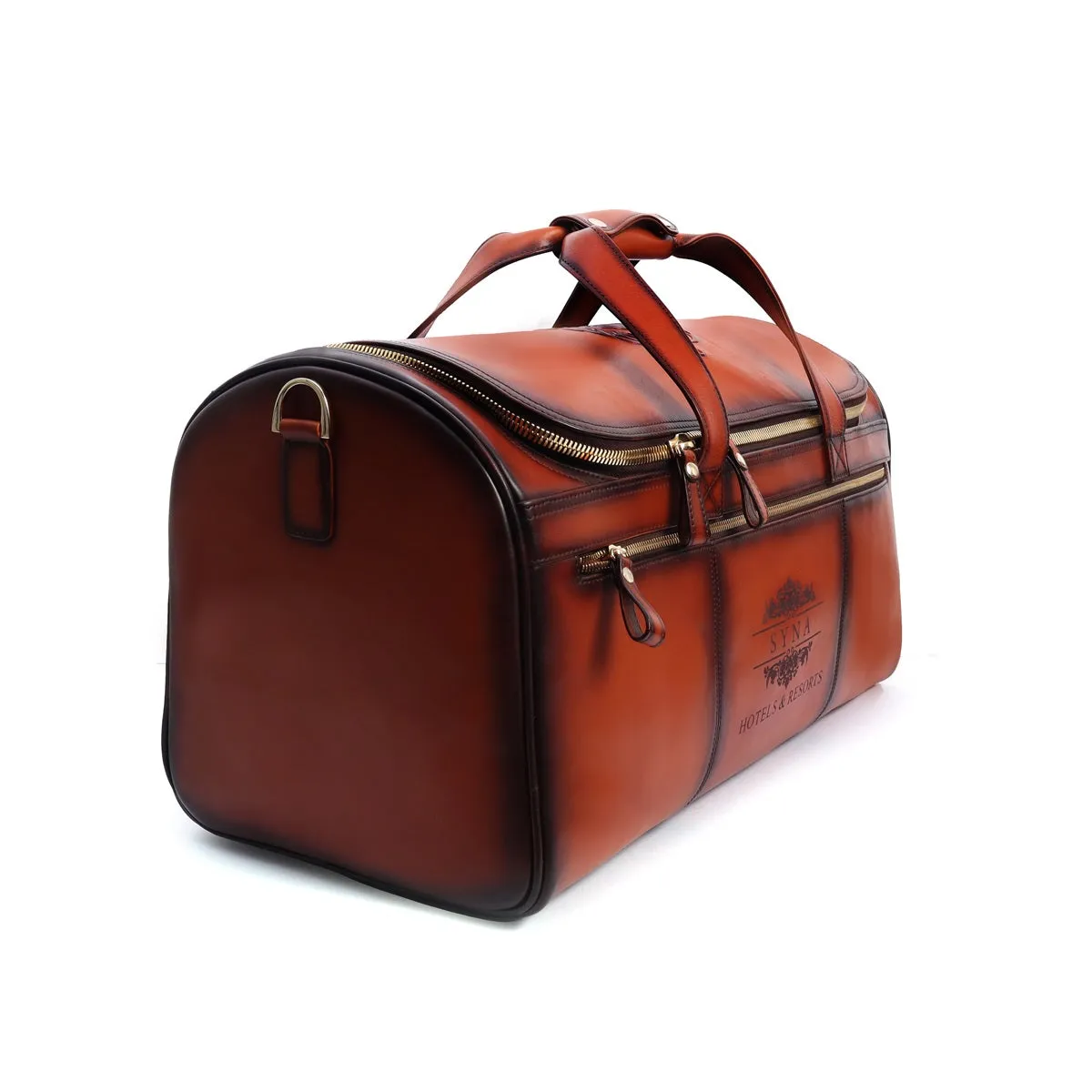 Bespoke Tan Darker Laser Scritto Multi-Pockets Smokey Finish Leather Duffle Bag By Brune & Bareskin