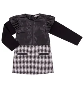 Black & White Houndstooth Dress w/Black Pleather Ruffle Top