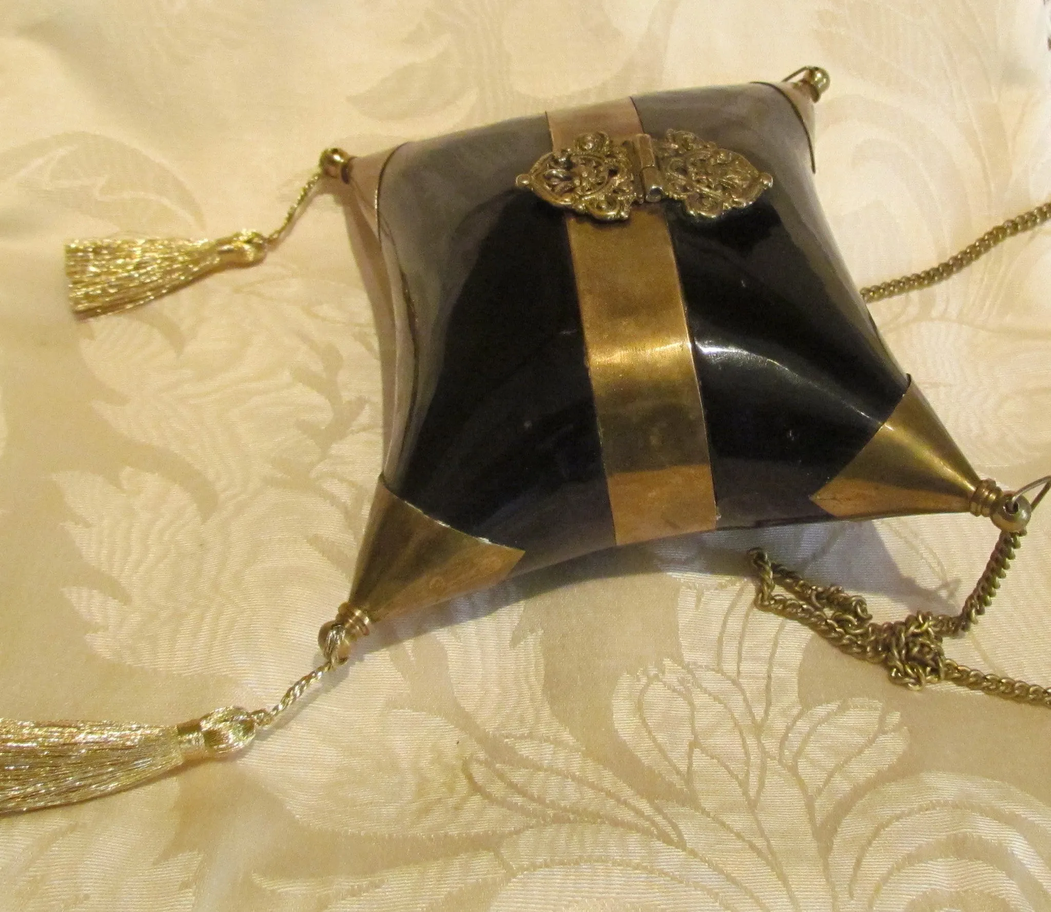 Black Bone Pillow Purse Vintage 1930s Formal Shell Brass Evening Bag