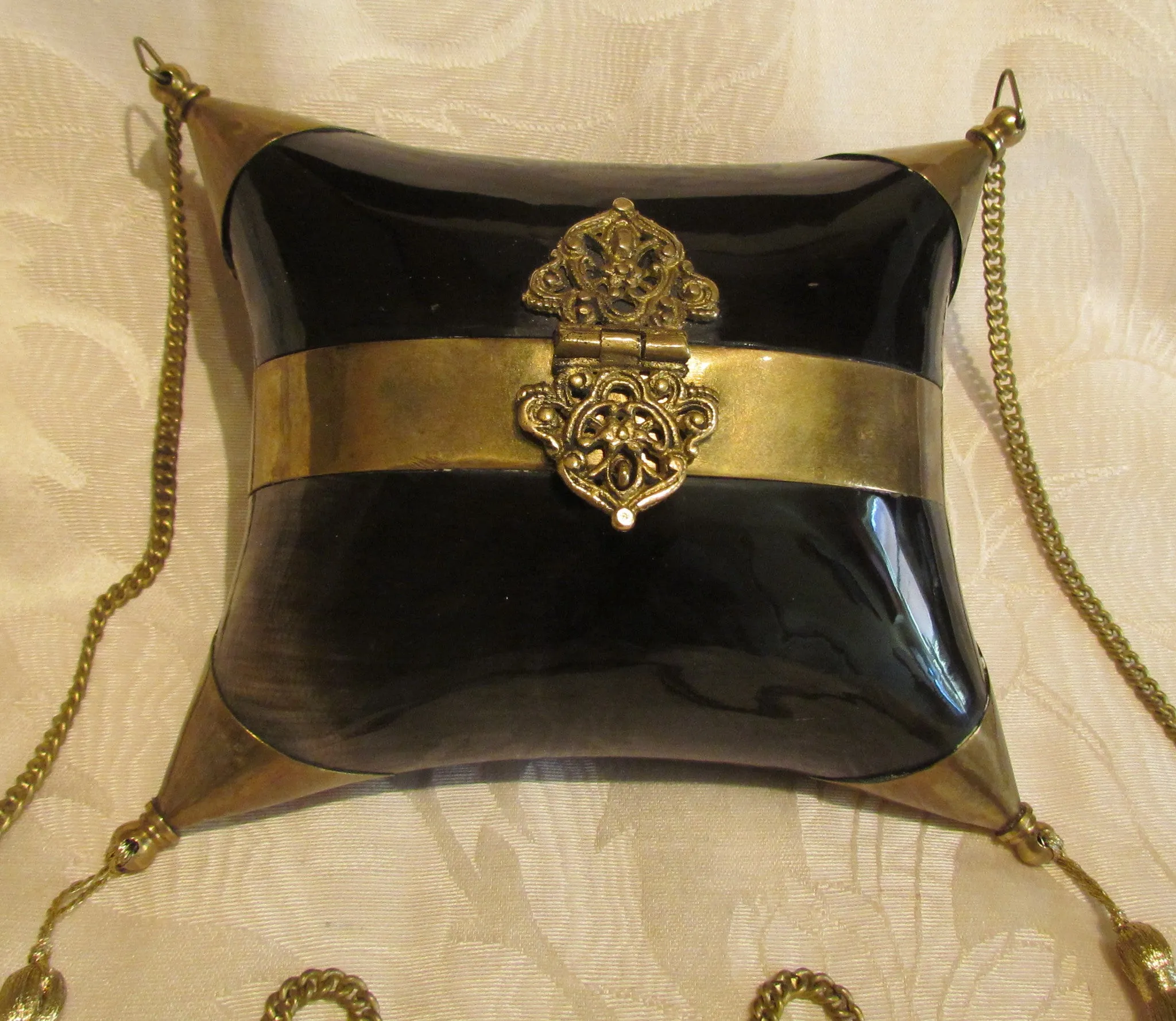 Black Bone Pillow Purse Vintage 1930s Formal Shell Brass Evening Bag