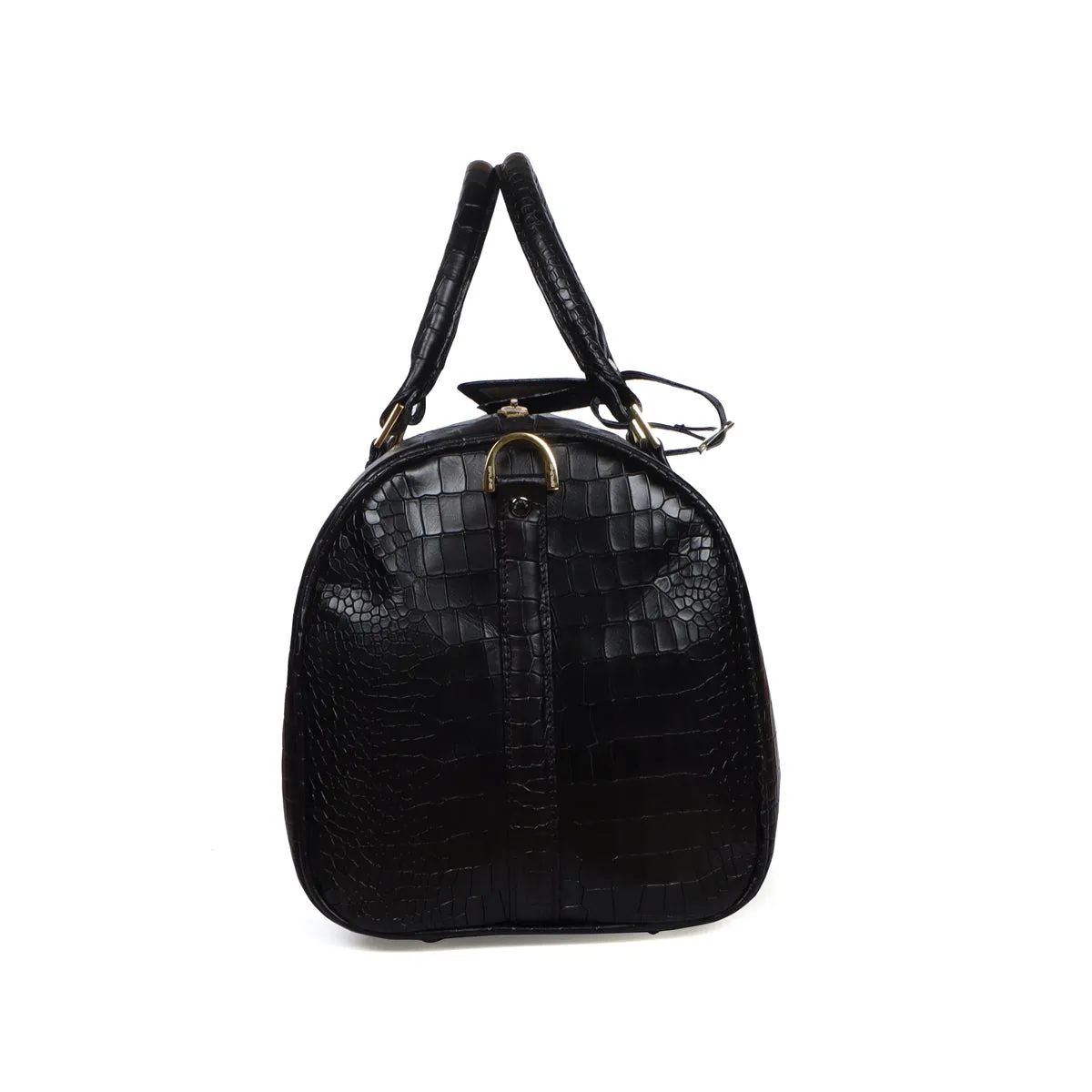 Black Croco Textured Leather Duffle Bag