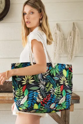 Black Tropical Leaves Print Shoulder Bag