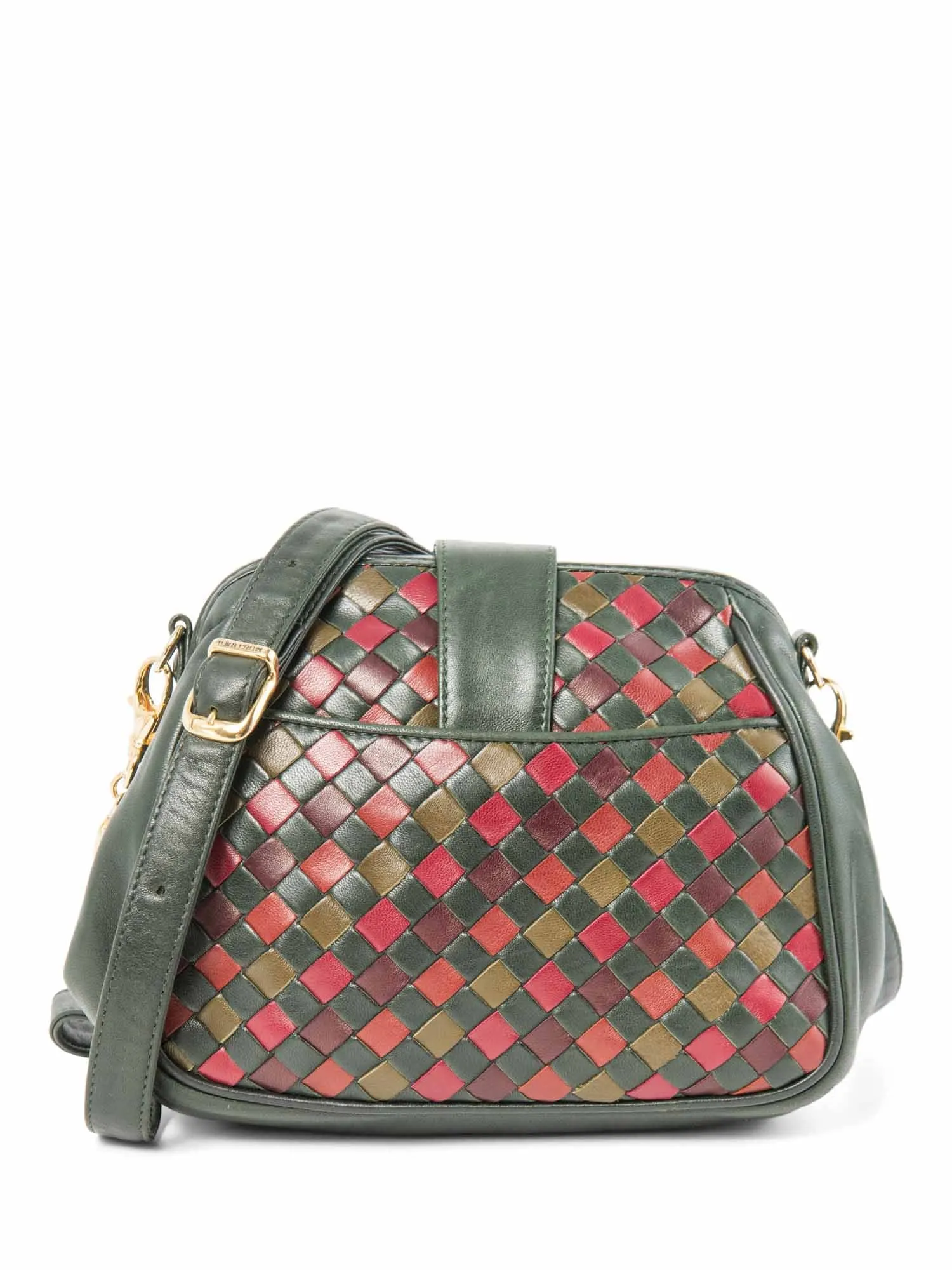 Bottega Veneta Vintage Intercciato Leather Messenger Bag Green Red Gold