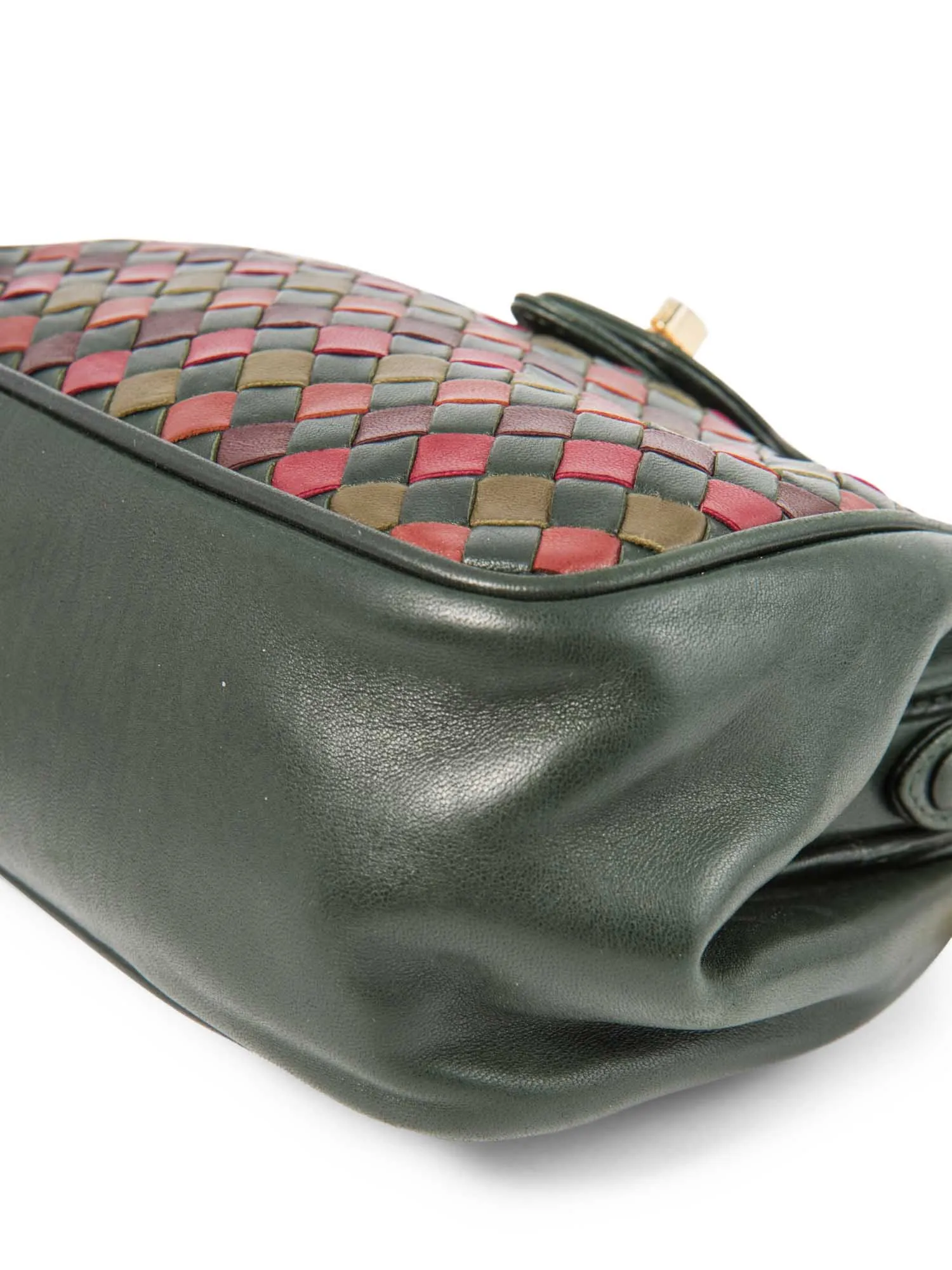 Bottega Veneta Vintage Intercciato Leather Messenger Bag Green Red Gold