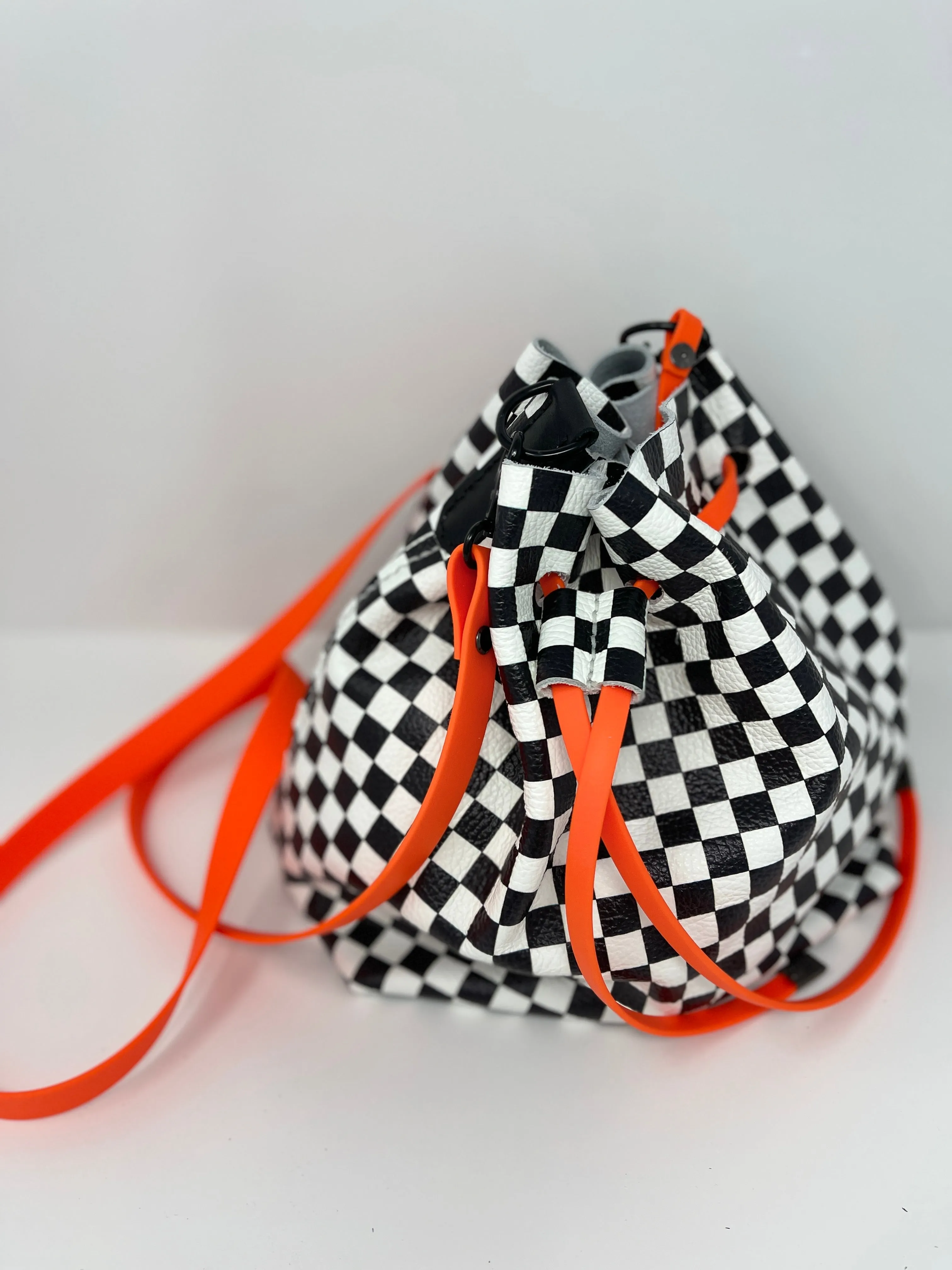 Checkerboard Leather and Neon Orange Drawstring Crossbody Bucket Bag