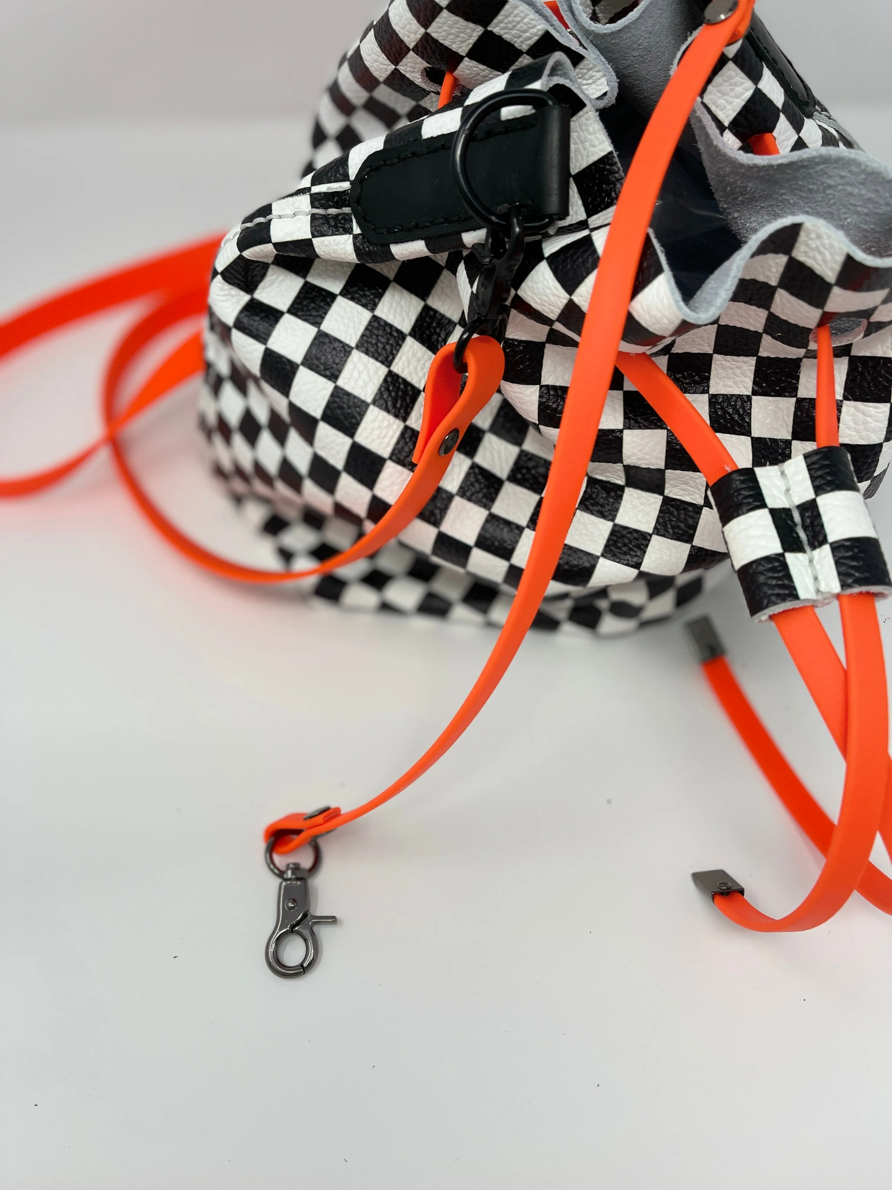 Checkerboard Leather and Neon Orange Drawstring Crossbody Bucket Bag