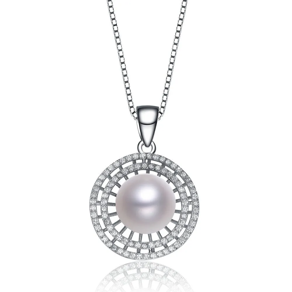 Cz .925 Sterling Silver Rhodium Plated Round Pearl Pendant