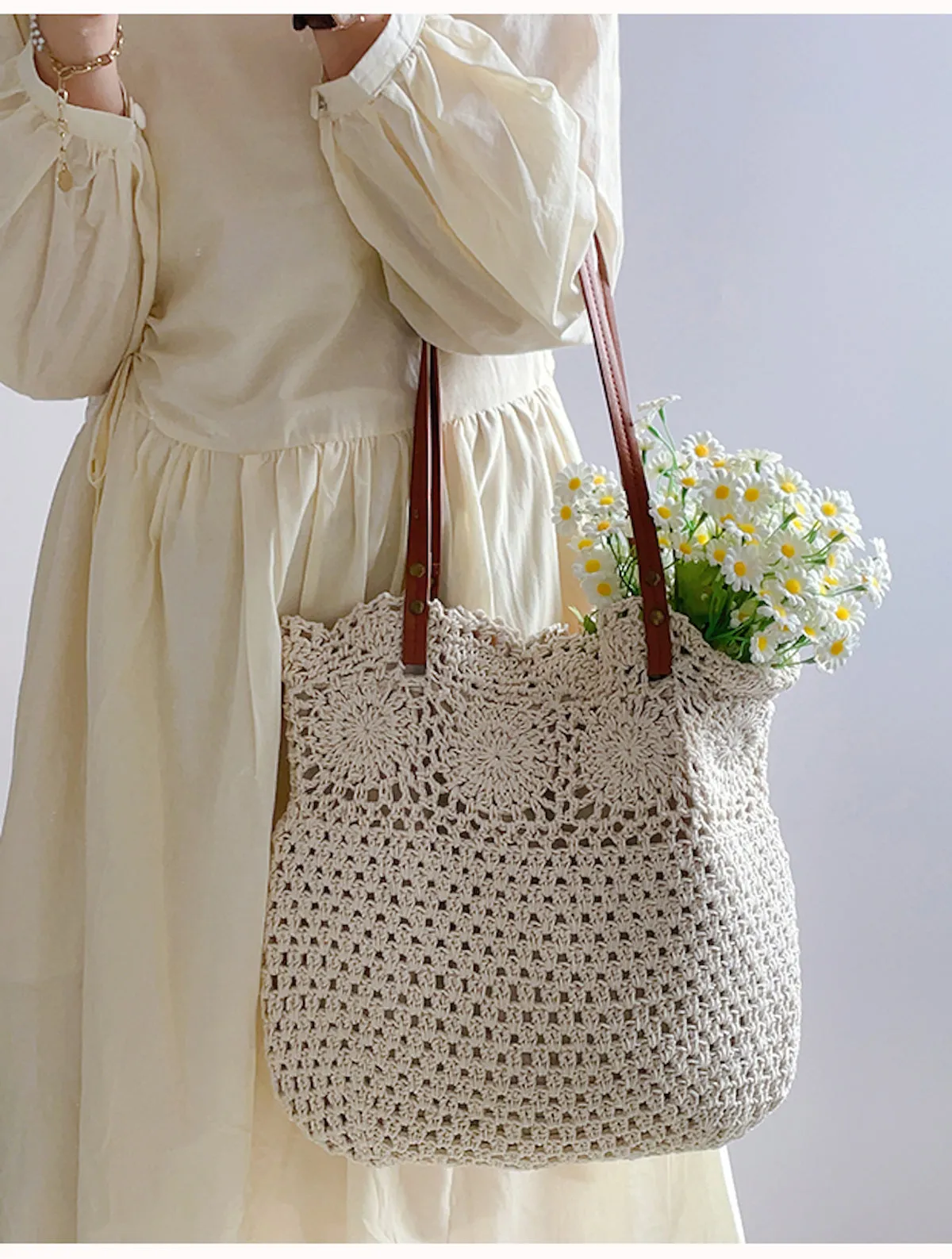 Elena Handbags Floral Design Cotton Knitted Shoulder Bag