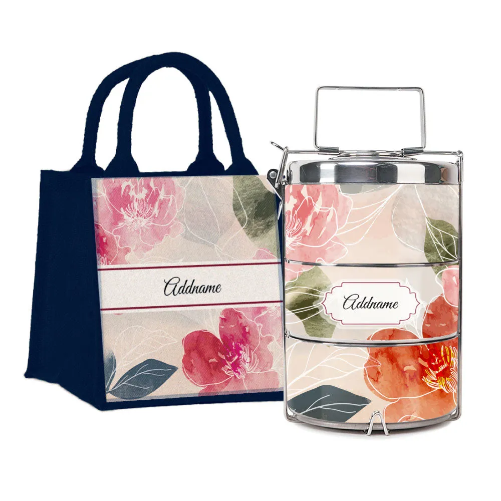 Floral Hues Flora Series 3-Tier Premium Small 11.5cm Tiffin Carrier [FREE Custom Add Name]