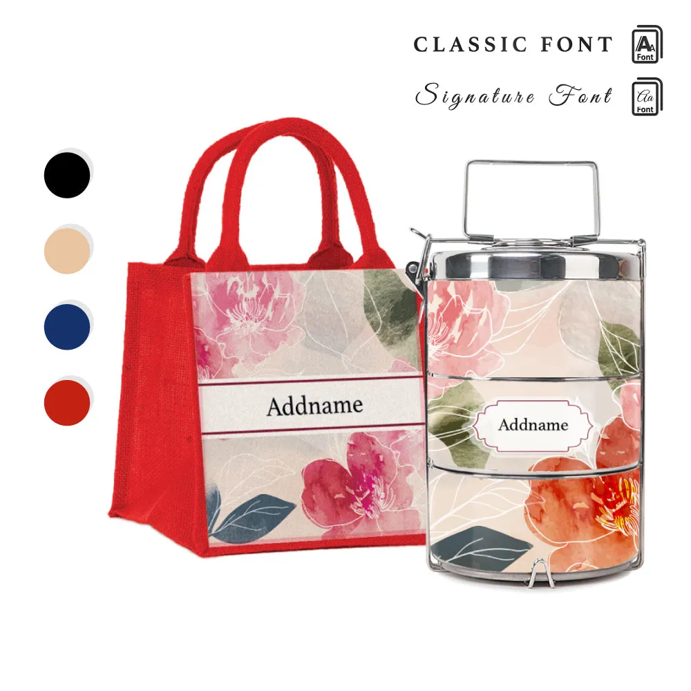 Floral Hues Flora Series 3-Tier Premium Small 11.5cm Tiffin Carrier [FREE Custom Add Name]