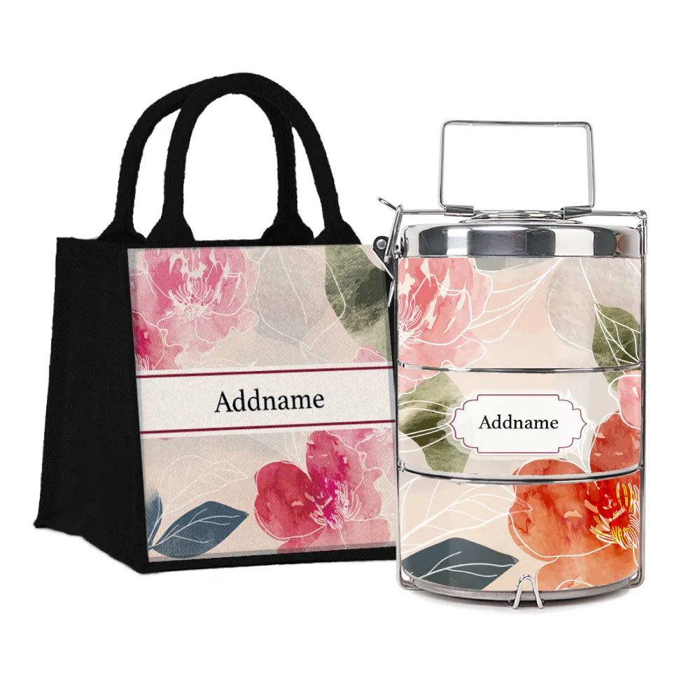 Floral Hues Flora Series 3-Tier Premium Small 11.5cm Tiffin Carrier [FREE Custom Add Name]