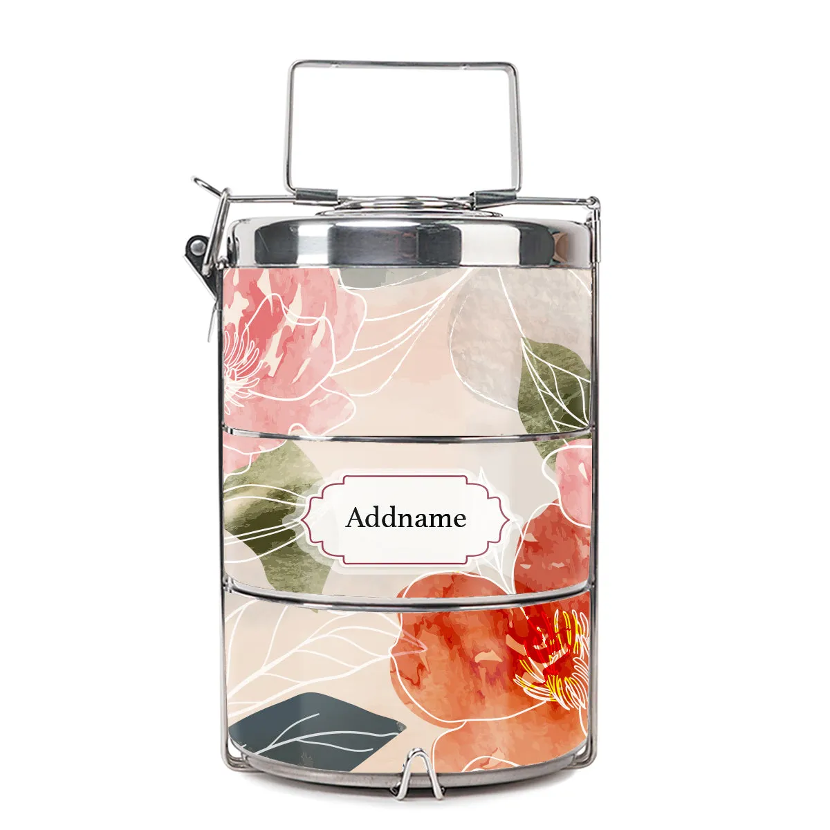 Floral Hues Flora Series 3-Tier Premium Small 11.5cm Tiffin Carrier [FREE Custom Add Name]