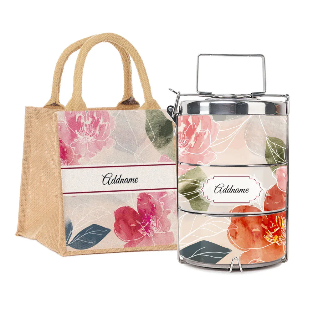 Floral Hues Flora Series 3-Tier Premium Small 11.5cm Tiffin Carrier [FREE Custom Add Name]