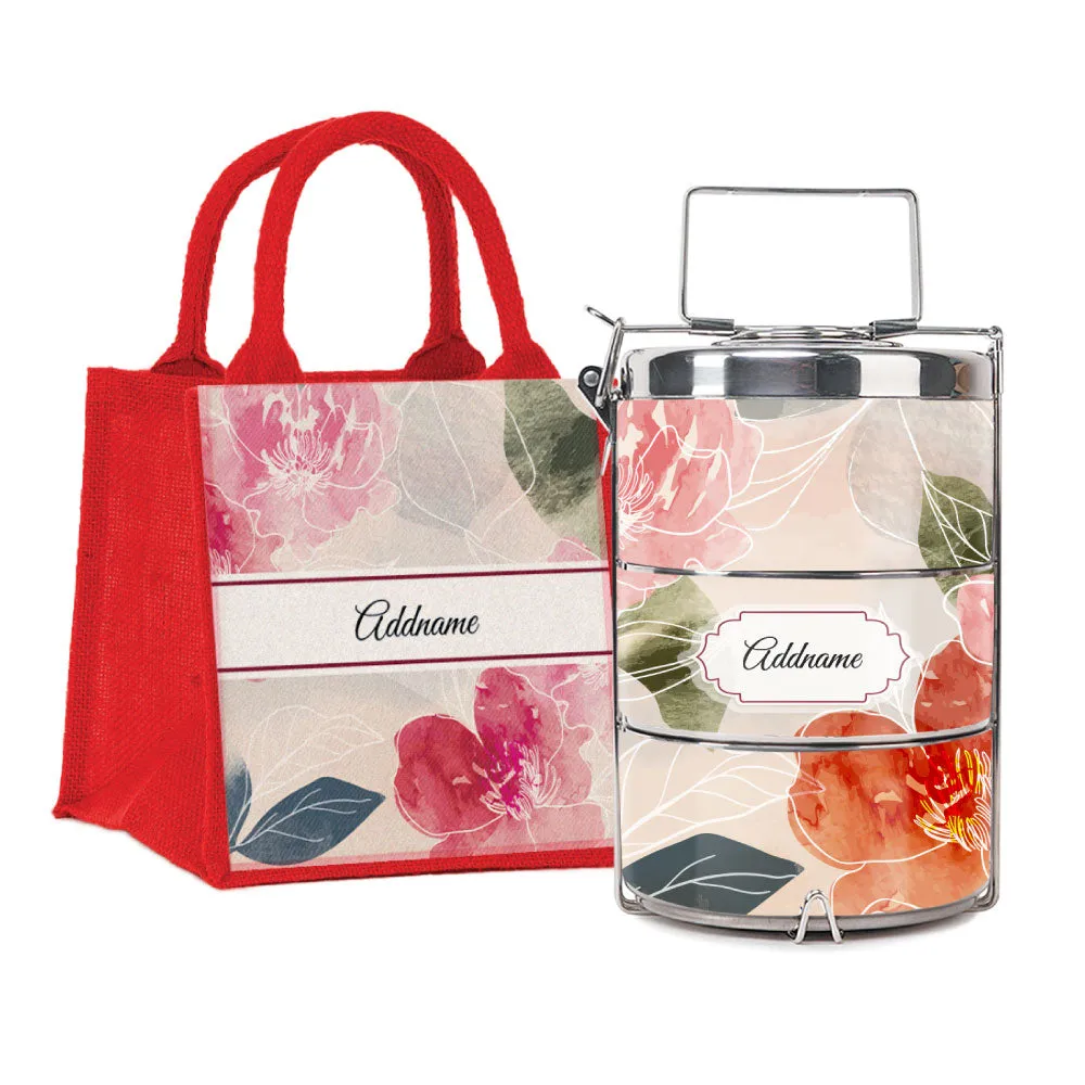 Floral Hues Flora Series 3-Tier Premium Small 11.5cm Tiffin Carrier [FREE Custom Add Name]