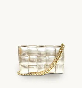 Gold Padded Woven Leather Crossbody Bag With Gold Chain Strap