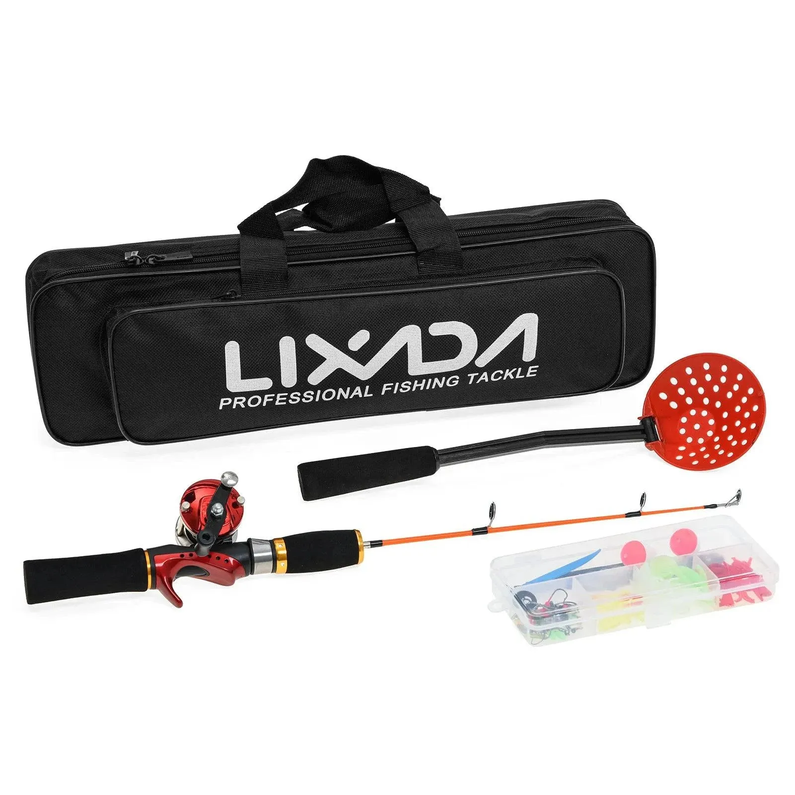 Ice Fishing Rod Reel Combo Complete Kit with Ice Skimmer and Carry Bag Lures Hooks Swivels Accessories Outdoor Fishing