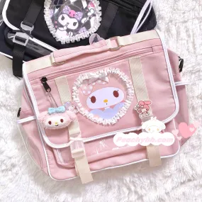 Kawaii Kuromi My Melody Inspired Lace Edge Icon Messenger Bag and Book Bag