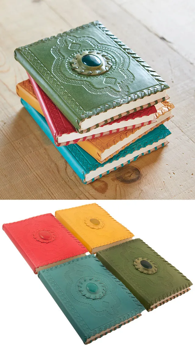 Large Leather Notebook With Semi Precious Stone