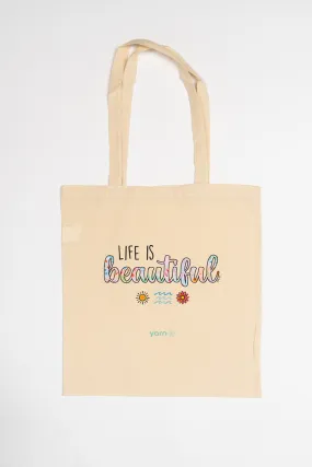 Life Is Beautiful Long Handle Natural Cotton Tote Bag