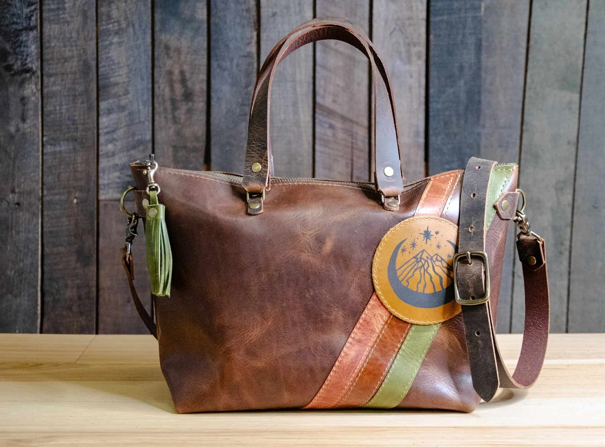 LIMITED-RUN | Handmade Leather Purse | Tote Bag | The Striped Eco-Friendly Mountain Bowler Bag | Mahogany