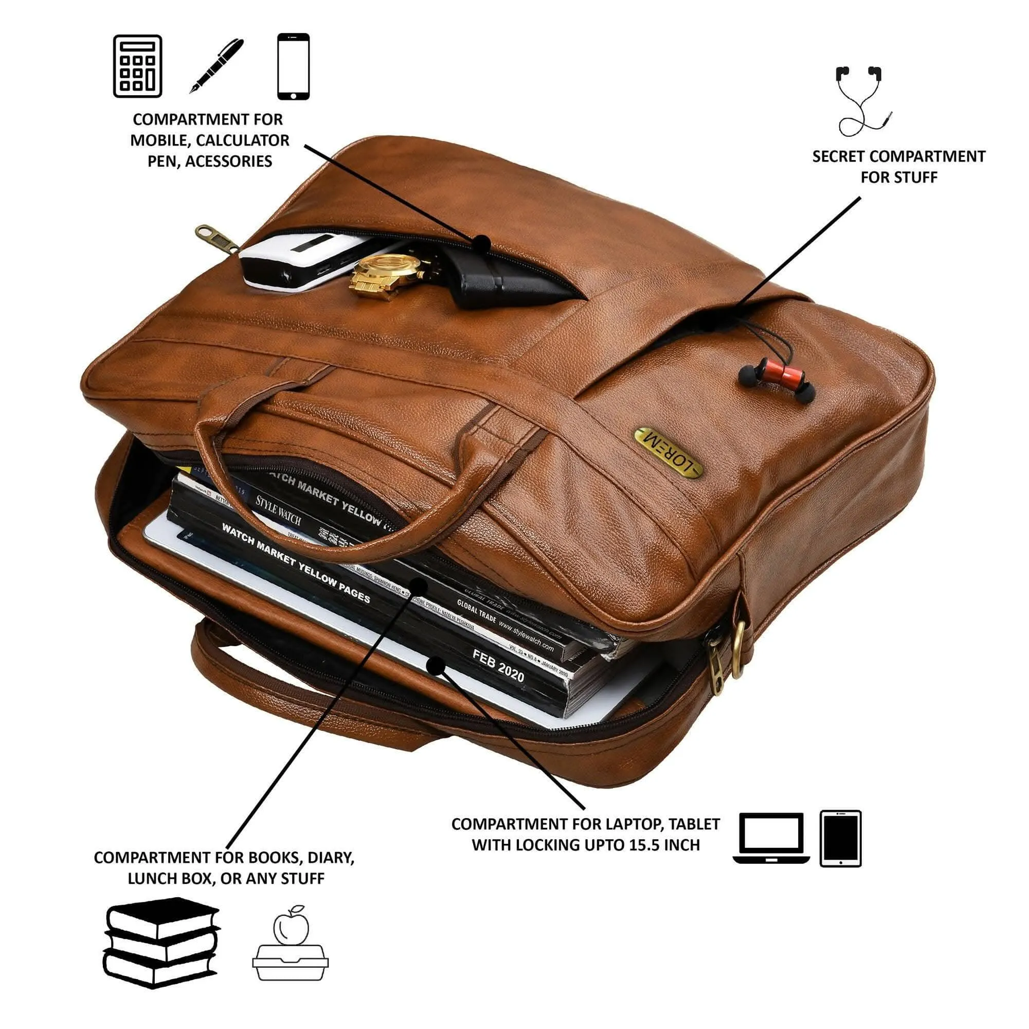 LOREM Stylish Tan Faux Leather 10L Laptop Messenger Bag for Men & Women (BG04)