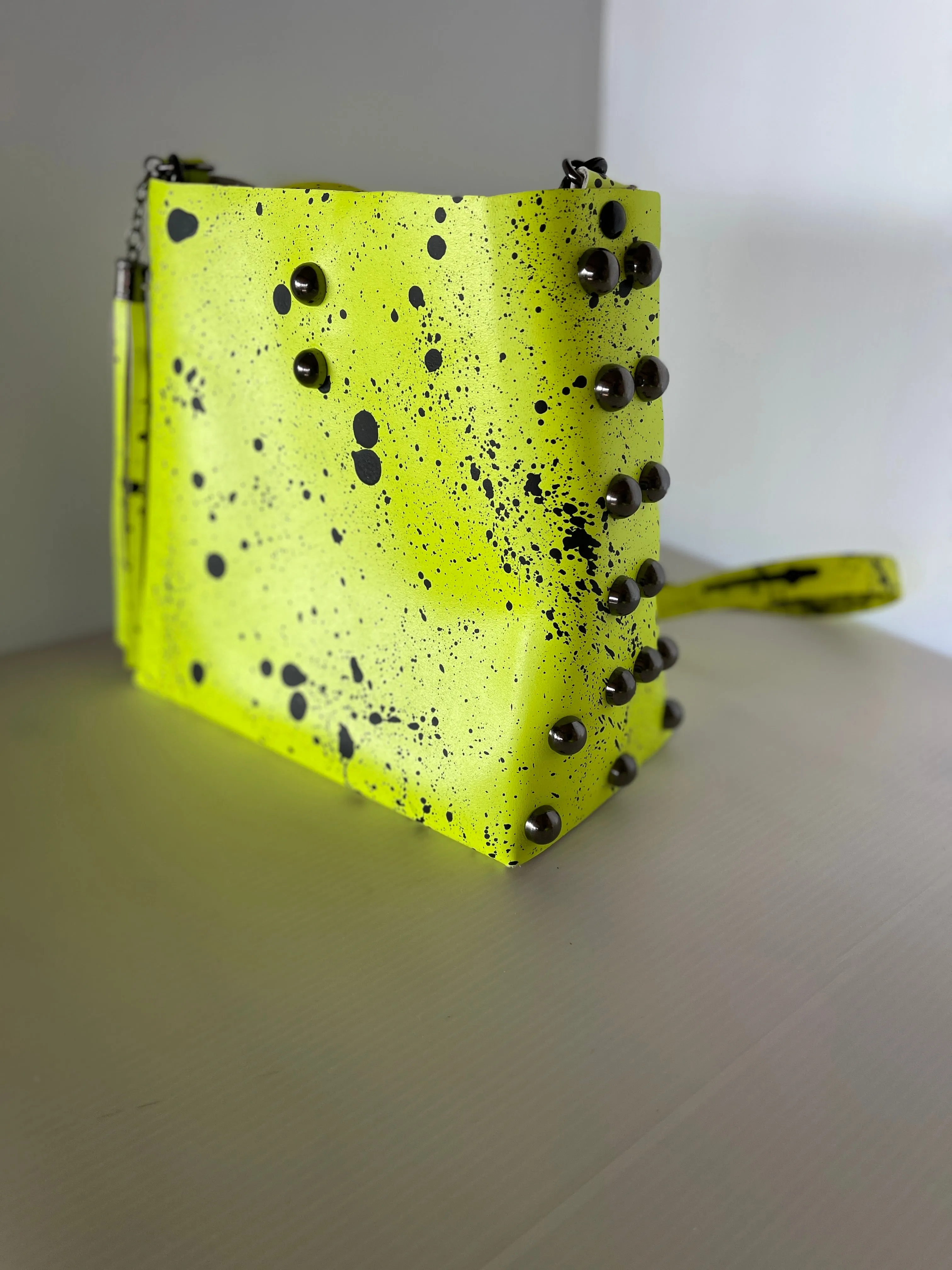 Neon Yellow and Black Matte Splatter and Bubble Stud Leather Crossbody Bag