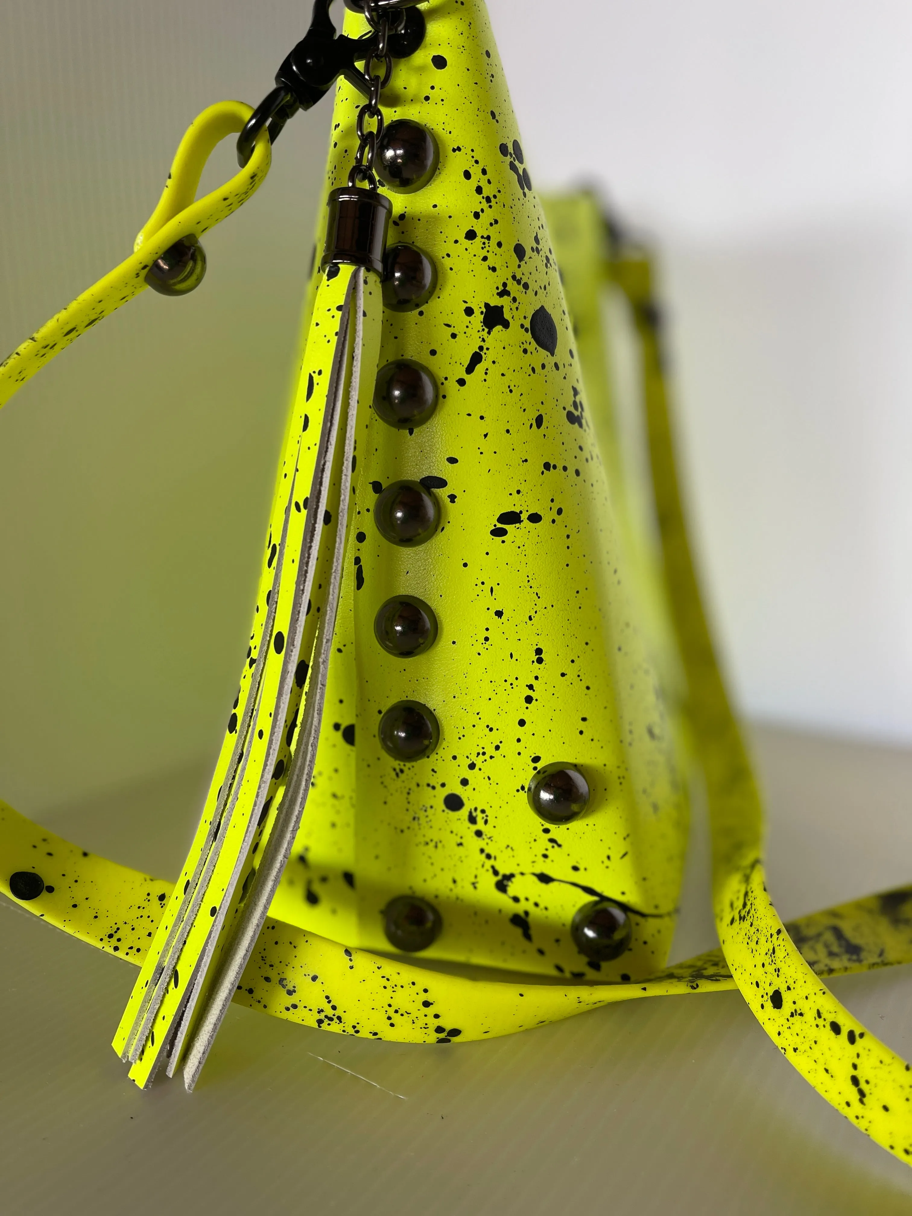 Neon Yellow and Black Matte Splatter and Bubble Stud Leather Crossbody Bag