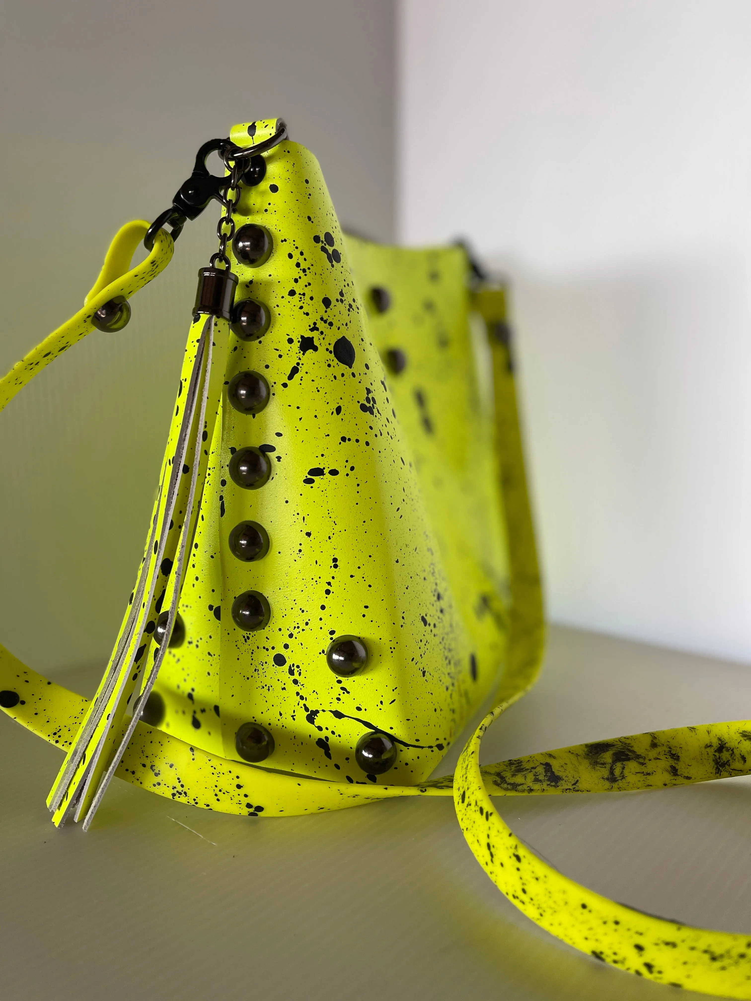 Neon Yellow and Black Matte Splatter and Bubble Stud Leather Crossbody Bag