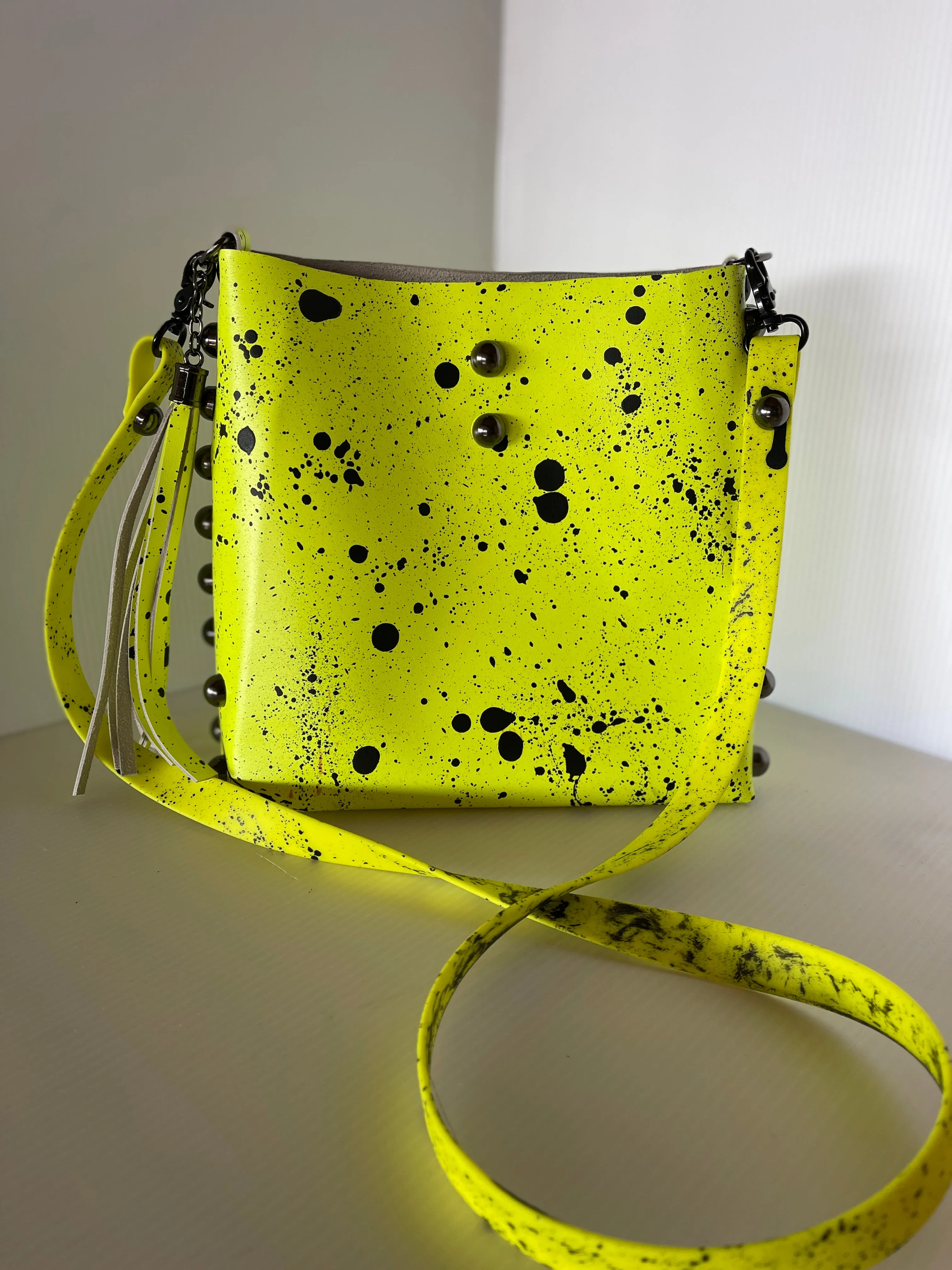 Neon Yellow and Black Matte Splatter and Bubble Stud Leather Crossbody Bag