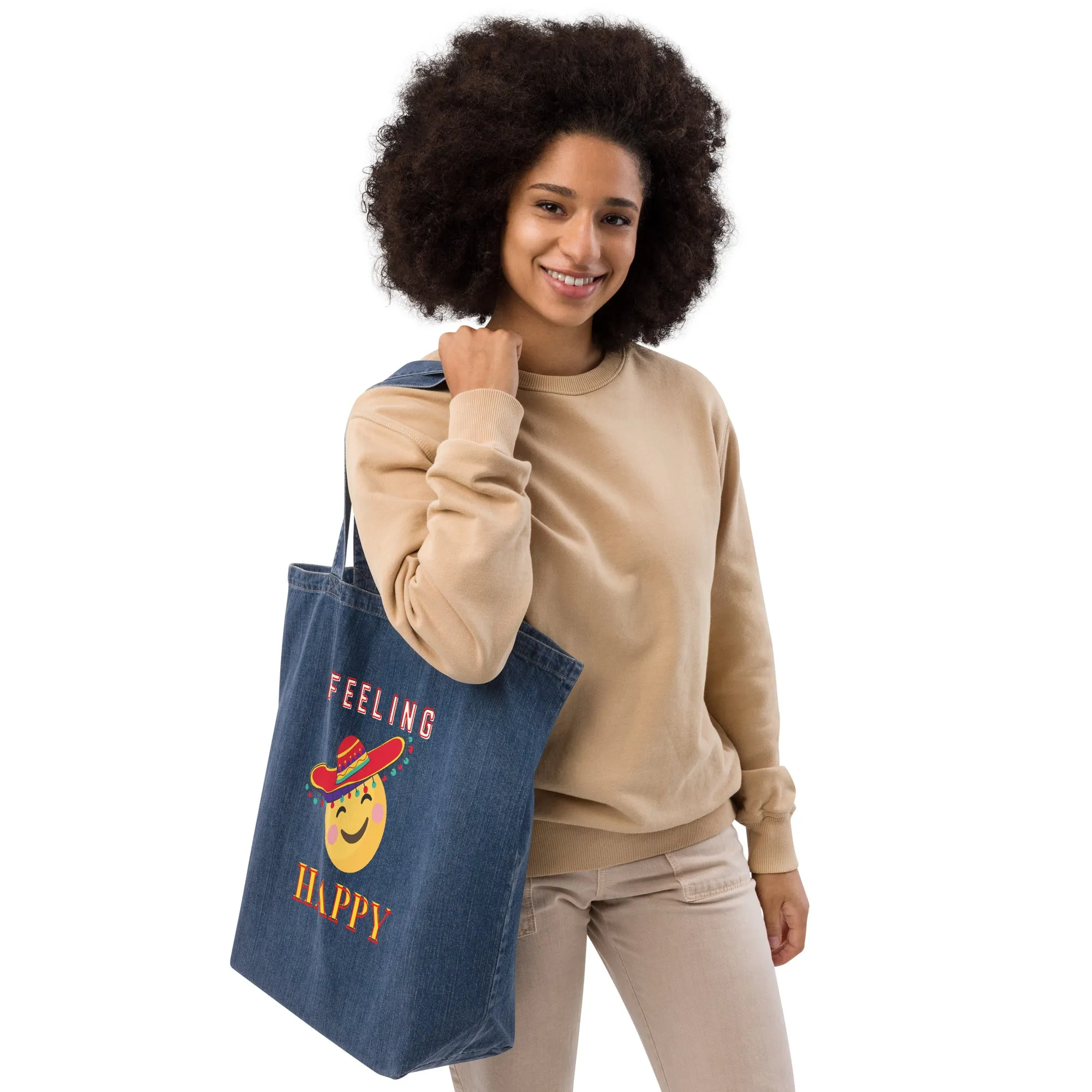 Organic denim tote bag, Feeling Happy