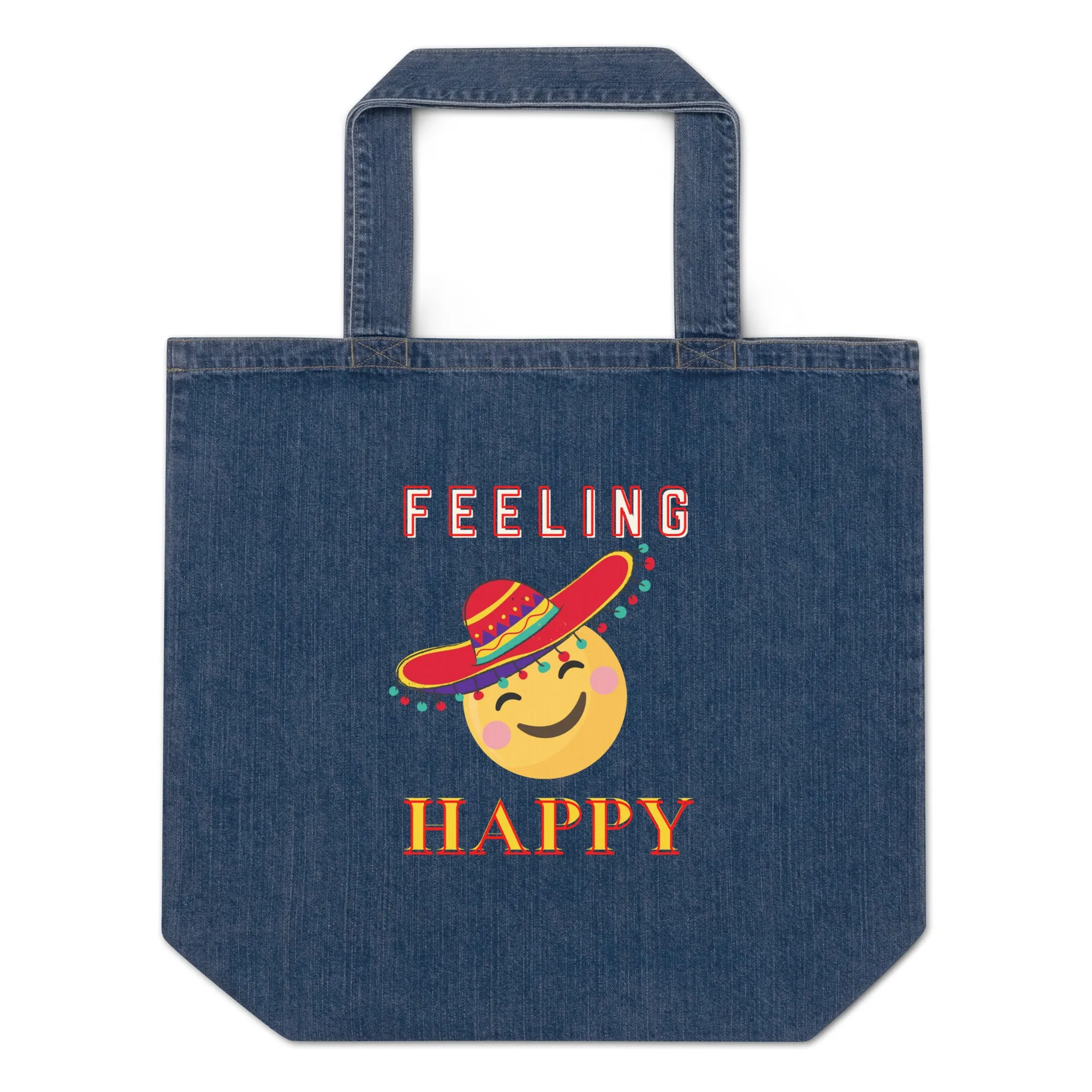 Organic denim tote bag, Feeling Happy