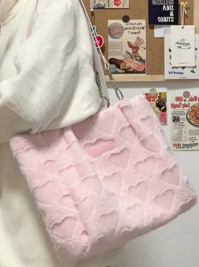 Plush Love Pastel Pink & White Heart Shaped Messenger Tote Bag