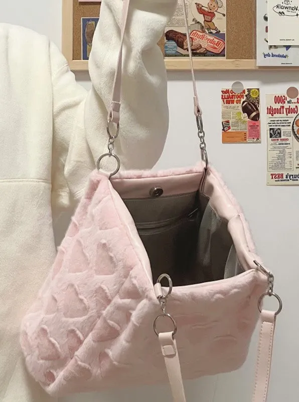 Plush Love Pastel Pink & White Heart Shaped Messenger Tote Bag