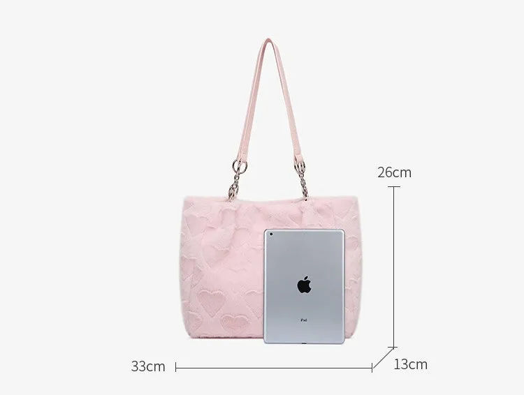 Plush Love Pastel Pink & White Heart Shaped Messenger Tote Bag