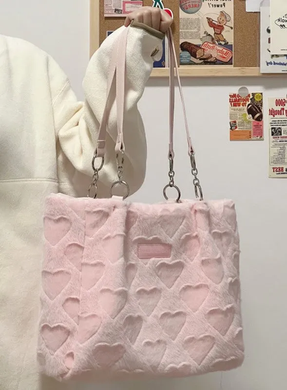 Plush Love Pastel Pink & White Heart Shaped Messenger Tote Bag