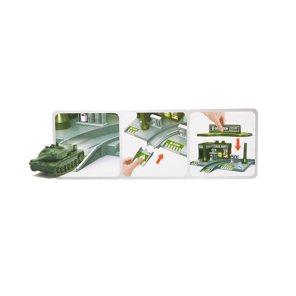 Pretend Toddler's Military Gasoline Station Toy Set with Cars, Green Color Army Men Vehicles