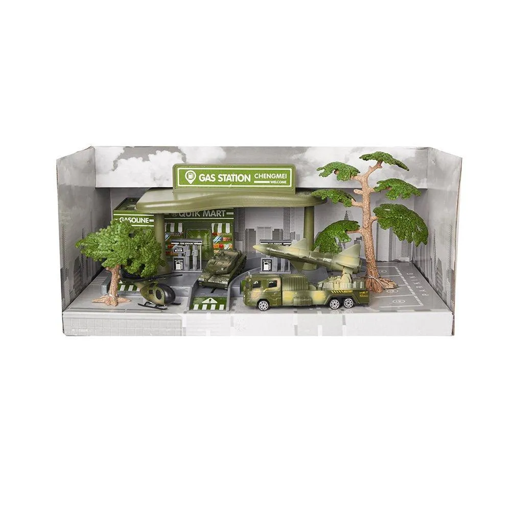 Pretend Toddler's Military Gasoline Station Toy Set with Cars, Green Color Army Men Vehicles