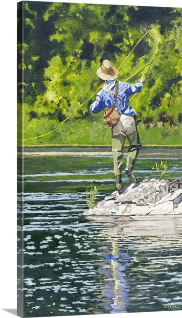 "River Dance 2" Vintage flyfisherman, Giclée of oil painting of fly fisherman in good form!