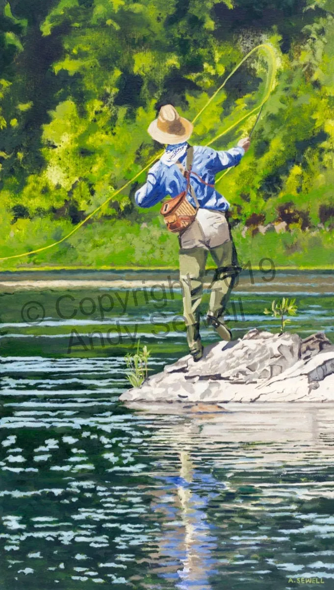 "River Dance 2" Vintage flyfisherman, Giclée of oil painting of fly fisherman in good form!