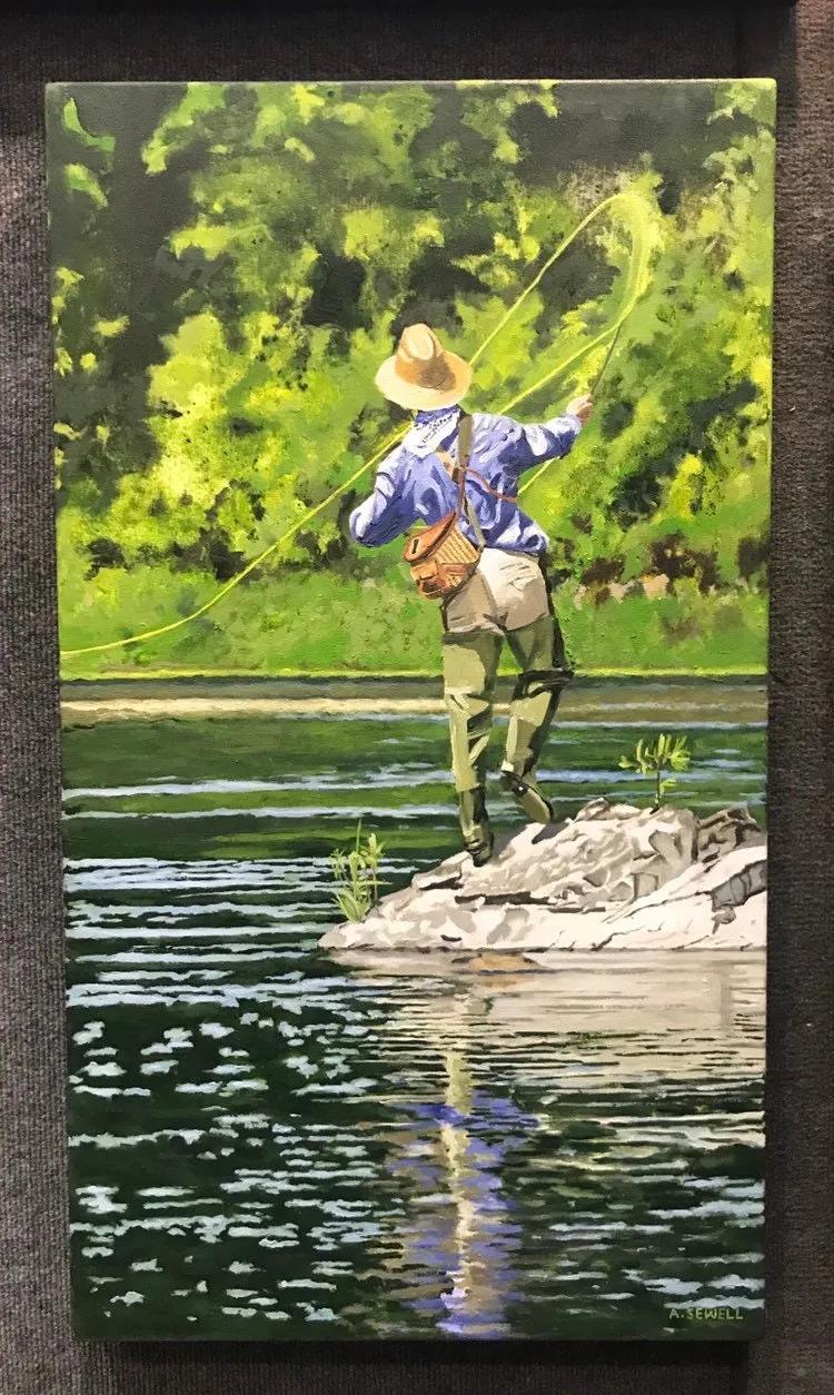 "River Dance 2" Vintage flyfisherman, Giclée of oil painting of fly fisherman in good form!